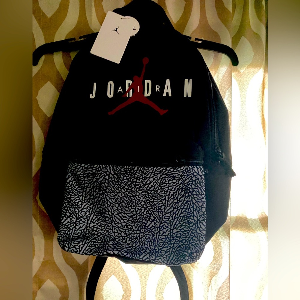 Jordan Black Backpack with Red Logo and Gray Pattern